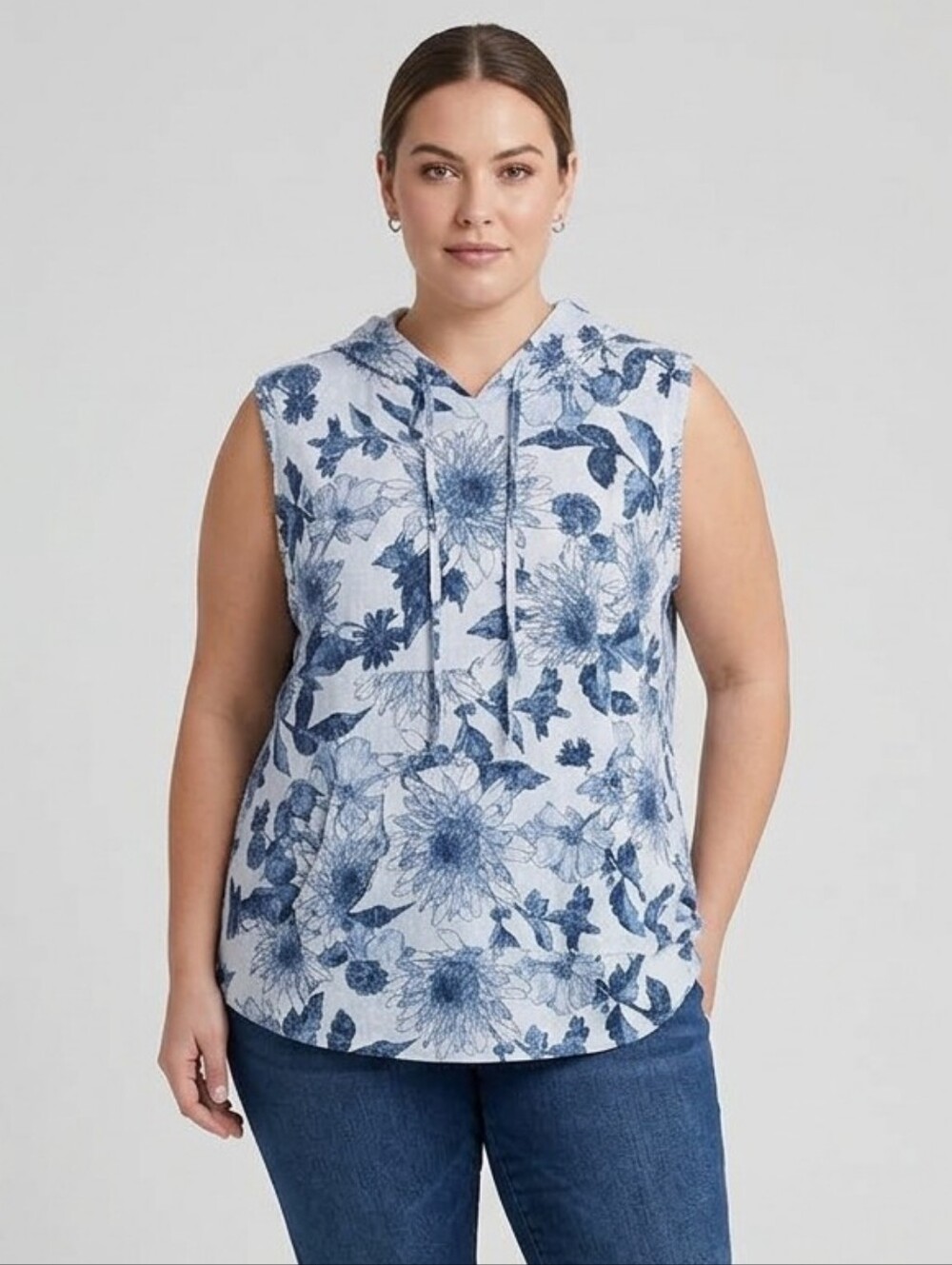 LuLaRoe Blue Floral "Brittany" Hooded Sleeveless Tank Top Size Large NWT